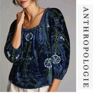 Anthropologie Blue Velvet Blouse with Floral Embroidery